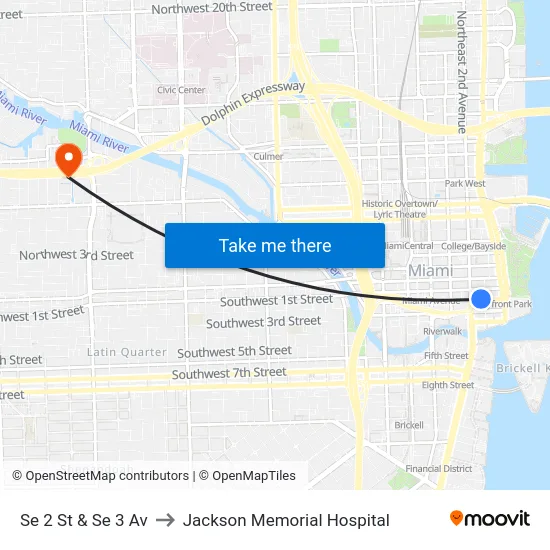 Se 2 St & Se 3 Av to Jackson Memorial Hospital map