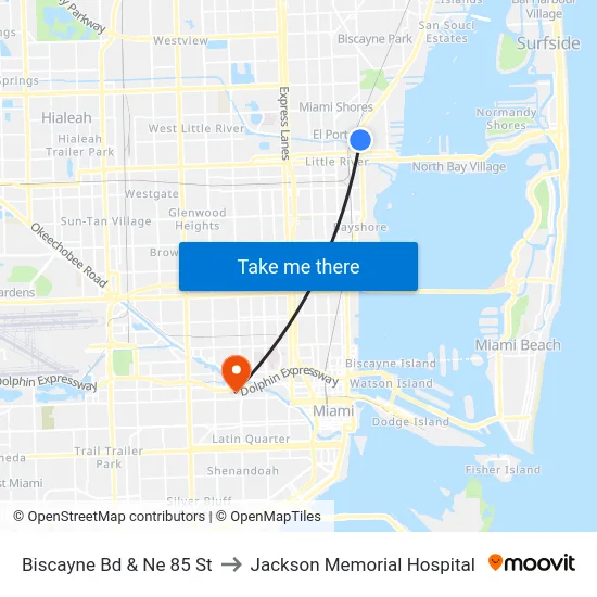 Biscayne Bd & Ne 85 St to Jackson Memorial Hospital map