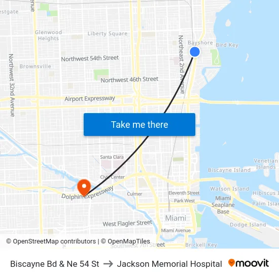 Biscayne Bd & Ne 54 St to Jackson Memorial Hospital map