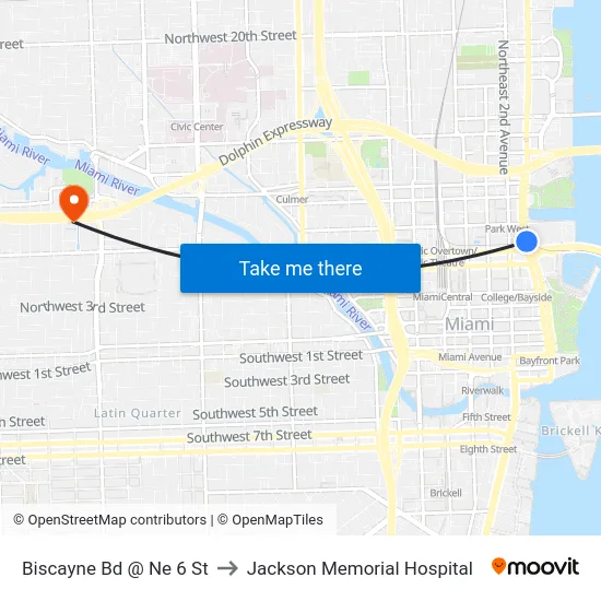 Biscayne Bd @ Ne 6 St to Jackson Memorial Hospital map