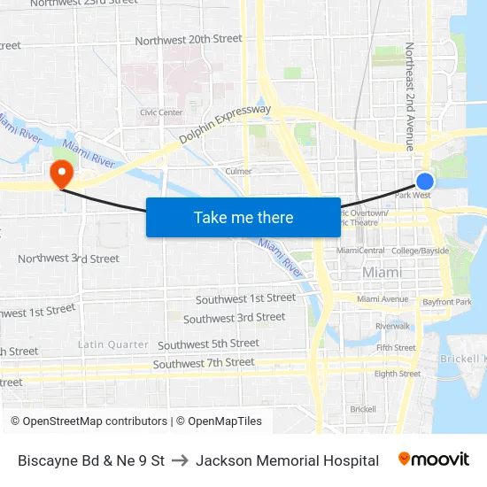 Biscayne Bd & Ne 9 St to Jackson Memorial Hospital map