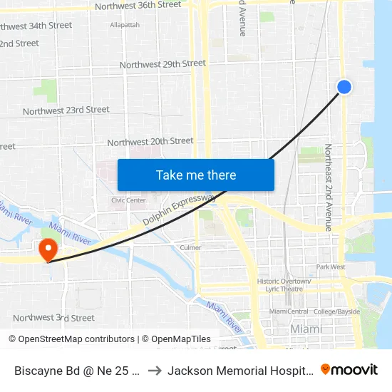 Biscayne Bd @ Ne 25 St to Jackson Memorial Hospital map