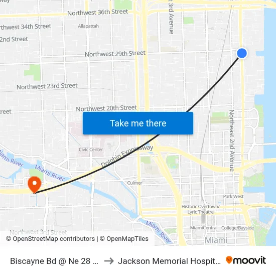 Biscayne Bd @ Ne 28 St to Jackson Memorial Hospital map