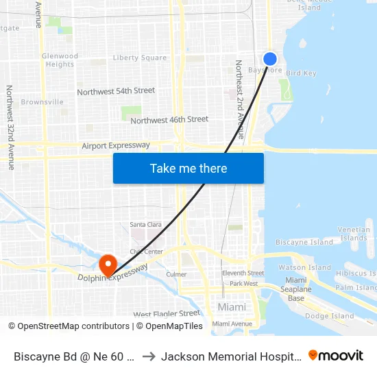 Biscayne Bd @ Ne 60 St to Jackson Memorial Hospital map