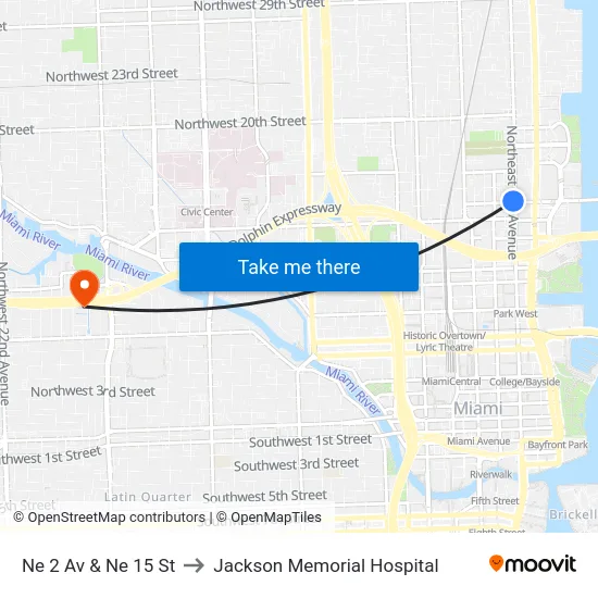 Ne 2 Av & Ne 15 St to Jackson Memorial Hospital map