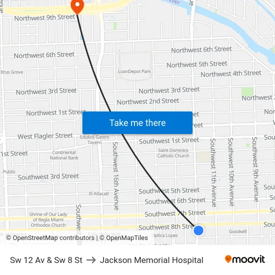 Sw 12 Av & Sw 8 St to Jackson Memorial Hospital map