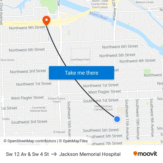 Sw 12 Av & Sw 4 St to Jackson Memorial Hospital map