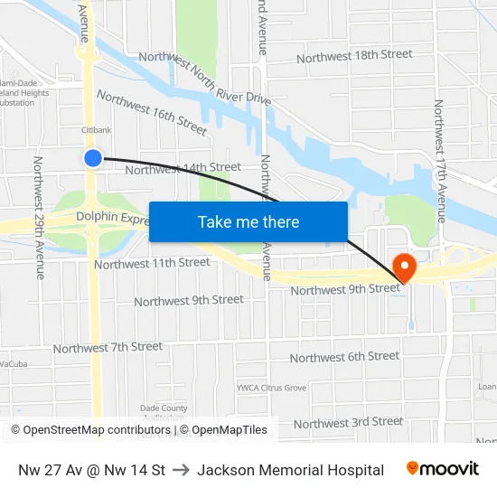 Nw 27 Av @ Nw 14 St to Jackson Memorial Hospital map