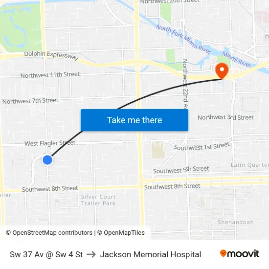 Sw 37 Av @ Sw 4 St to Jackson Memorial Hospital map