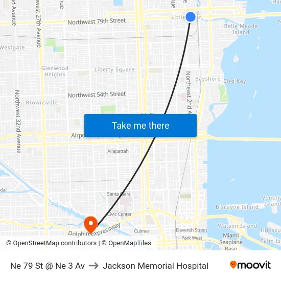 Ne 79 St @ Ne 3 Av to Jackson Memorial Hospital map