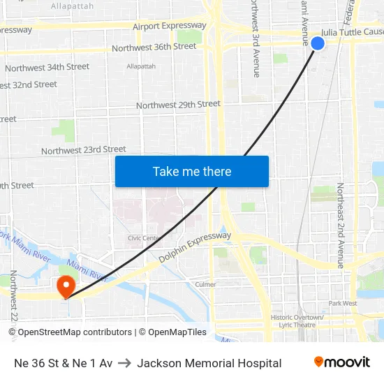 Ne 36 St & Ne 1 Av to Jackson Memorial Hospital map