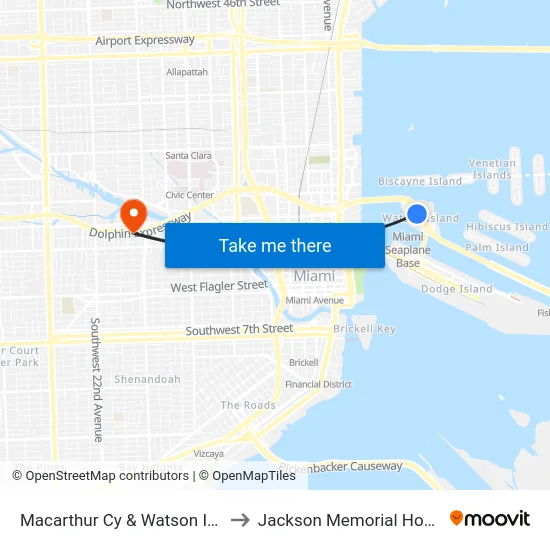 Macarthur Cy & Watson Island to Jackson Memorial Hospital map