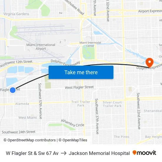 W Flagler St & Sw 67 Av to Jackson Memorial Hospital map