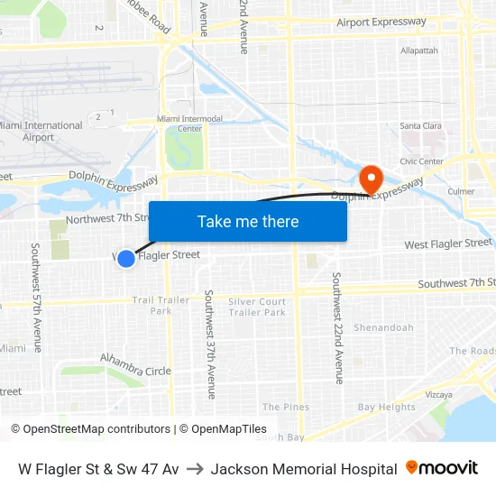 W Flagler St & Sw 47 Av to Jackson Memorial Hospital map