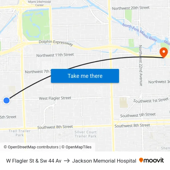 W Flagler St & Sw 44 Av to Jackson Memorial Hospital map