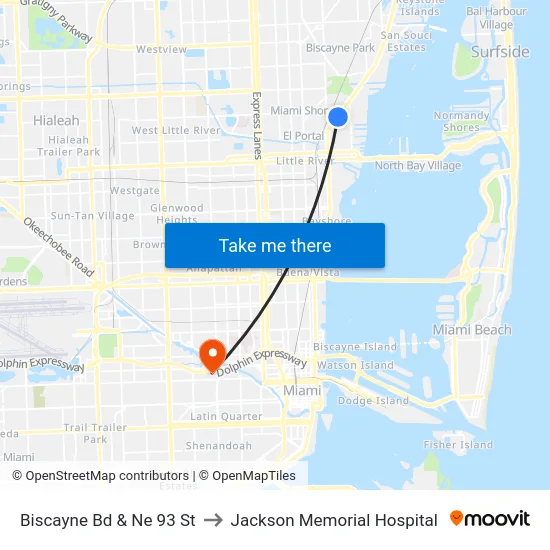 Biscayne Bd & Ne 93 St to Jackson Memorial Hospital map
