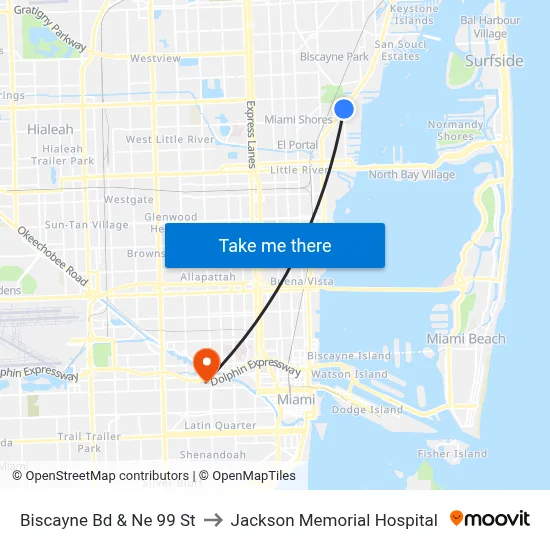 Biscayne Bd & Ne 99 St to Jackson Memorial Hospital map