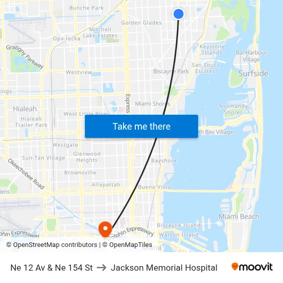 Ne 12 Av & Ne 154 St to Jackson Memorial Hospital map