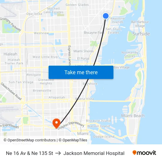Ne 16 Av & Ne 135 St to Jackson Memorial Hospital map