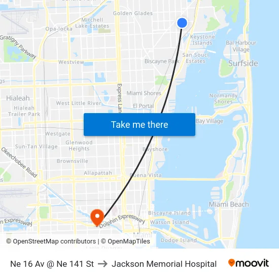 Ne 16 Av @ Ne 141 St to Jackson Memorial Hospital map