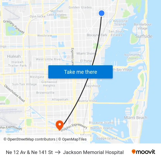 Ne 12 Av & Ne 141 St to Jackson Memorial Hospital map