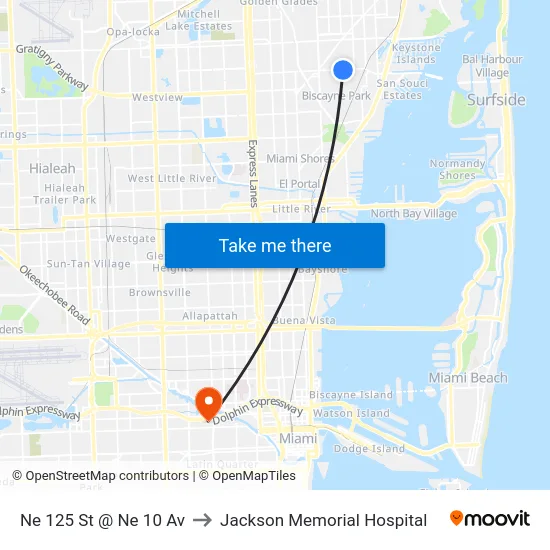 Ne 125 St @ Ne 10 Av to Jackson Memorial Hospital map