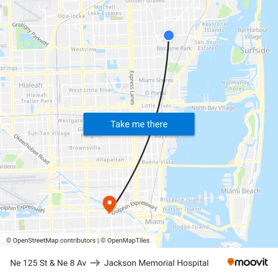 Ne 125 St & Ne 8 Av to Jackson Memorial Hospital map