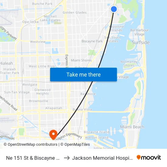 Ne 151 St & Biscayne Bd to Jackson Memorial Hospital map