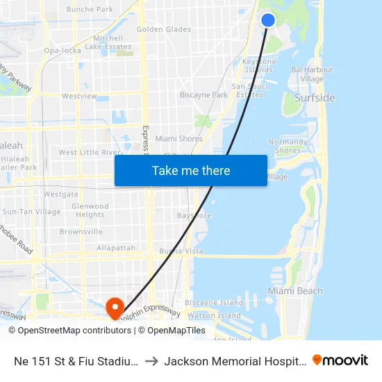 Ne 151 St & Fiu Stadium to Jackson Memorial Hospital map