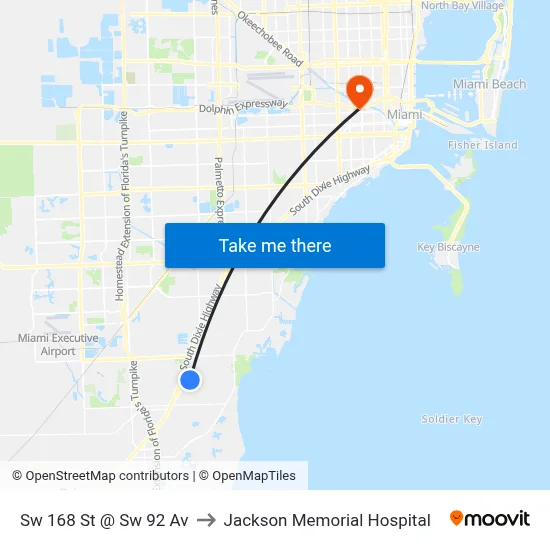 Sw 168 St @ Sw 92 Av to Jackson Memorial Hospital map