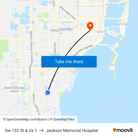 Sw 152 St & Us 1 to Jackson Memorial Hospital map