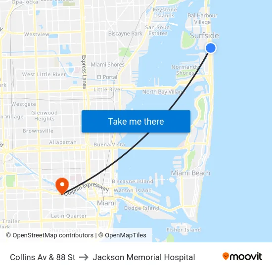 Collins Av & 88 St to Jackson Memorial Hospital map