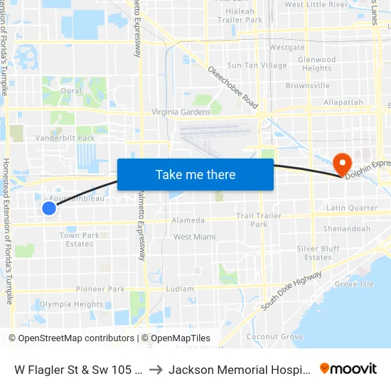 W Flagler St & Sw 105 Pl to Jackson Memorial Hospital map