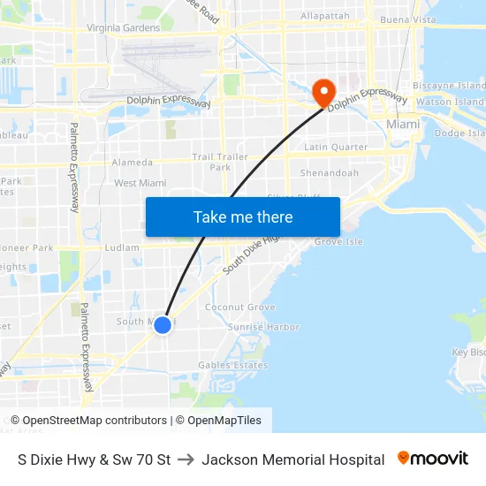 S Dixie Hwy & Sw 70 St to Jackson Memorial Hospital map