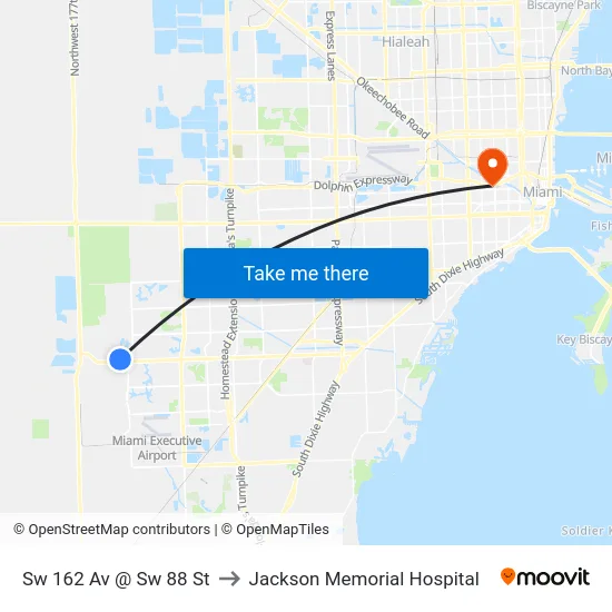 Sw 162 Av @ Sw 88 St to Jackson Memorial Hospital map