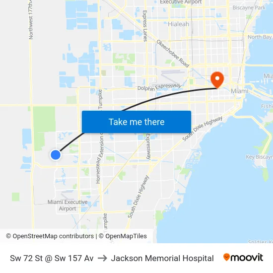 Sw 72 St @ Sw 157 Av to Jackson Memorial Hospital map