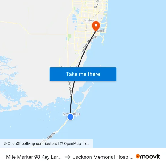 Mile Marker 98 Key Largo to Jackson Memorial Hospital map