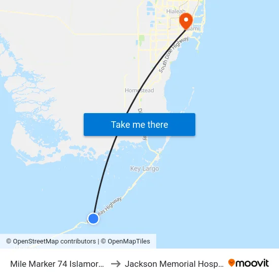 Mile Marker 74 Islamorada to Jackson Memorial Hospital map