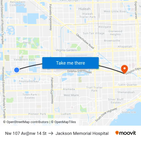 Nw 107 Av@nw 14 St to Jackson Memorial Hospital map