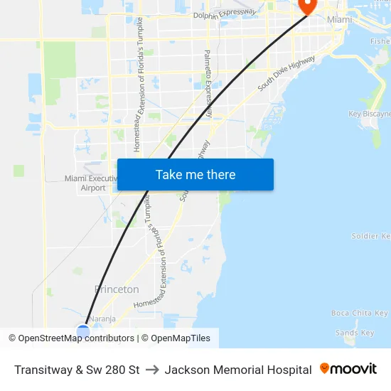 Transitway & Sw 280 St to Jackson Memorial Hospital map