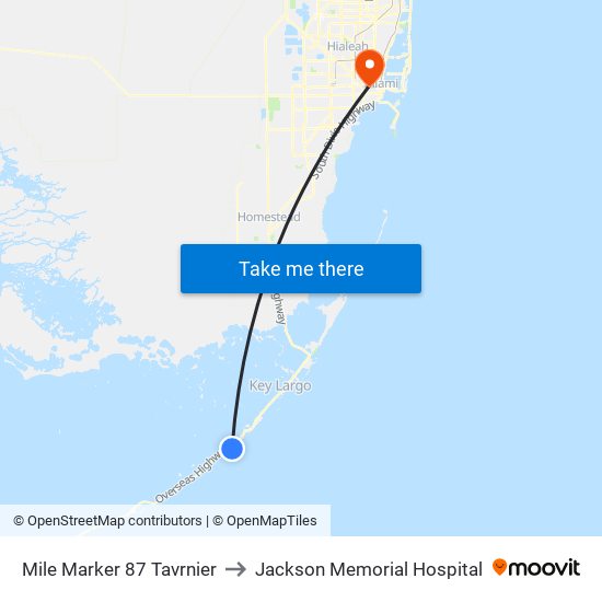 Mile Marker 87 Tavrnier to Jackson Memorial Hospital map
