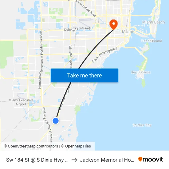 Sw 184 St @ S Dixie Hwy (Us1) to Jackson Memorial Hospital map