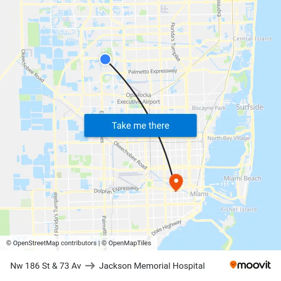 Nw 186 St & 73 Av to Jackson Memorial Hospital map