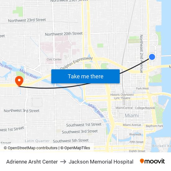 Adrienne Arsht Center to Jackson Memorial Hospital map