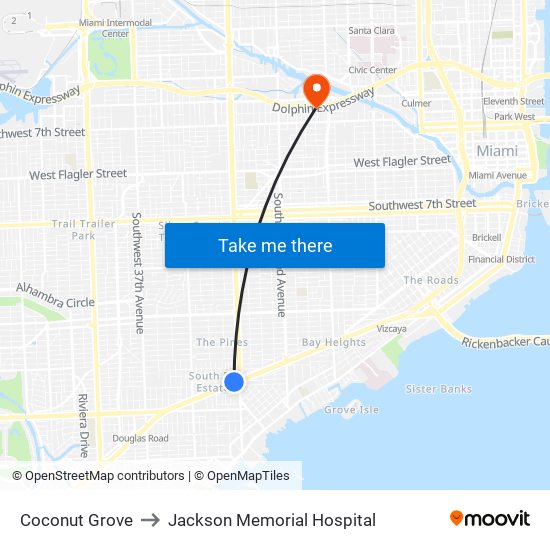 Coconut Grove to Jackson Memorial Hospital map