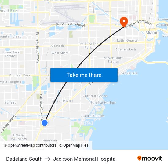 Dadeland South to Jackson Memorial Hospital map