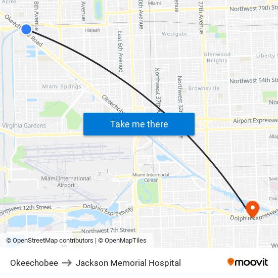 Okeechobee to Jackson Memorial Hospital map