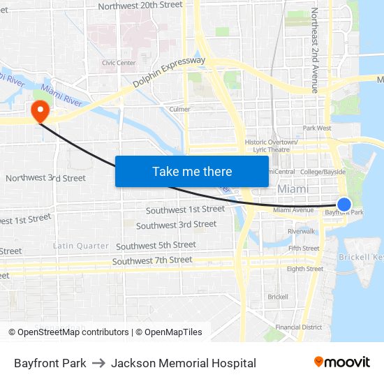 Bayfront Park to Jackson Memorial Hospital map