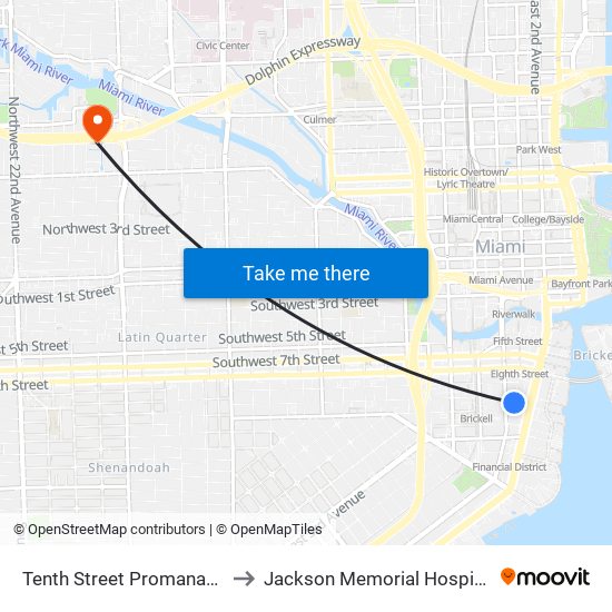 Tenth Street Promanade to Jackson Memorial Hospital map