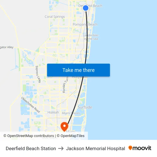 Deerfield Beach Station to Jackson Memorial Hospital map